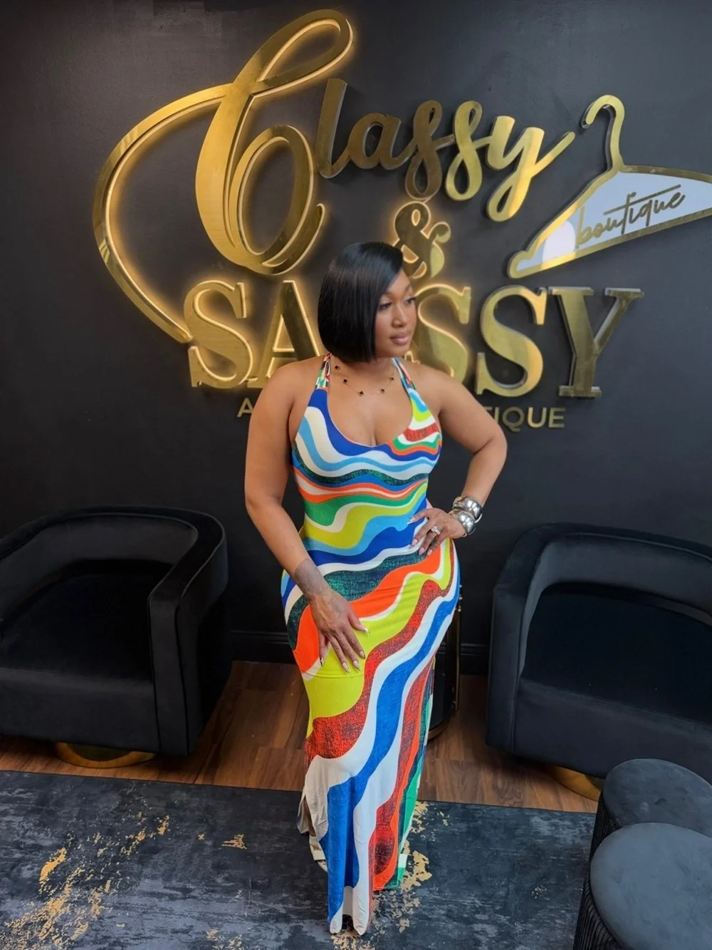 Multicolor Wave-Print Maxi Dress